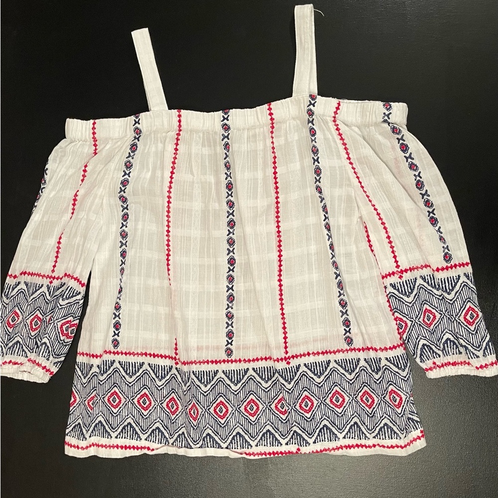 Sonoma White Off-Shoulder Embroidered Top with Red & Navy Trim